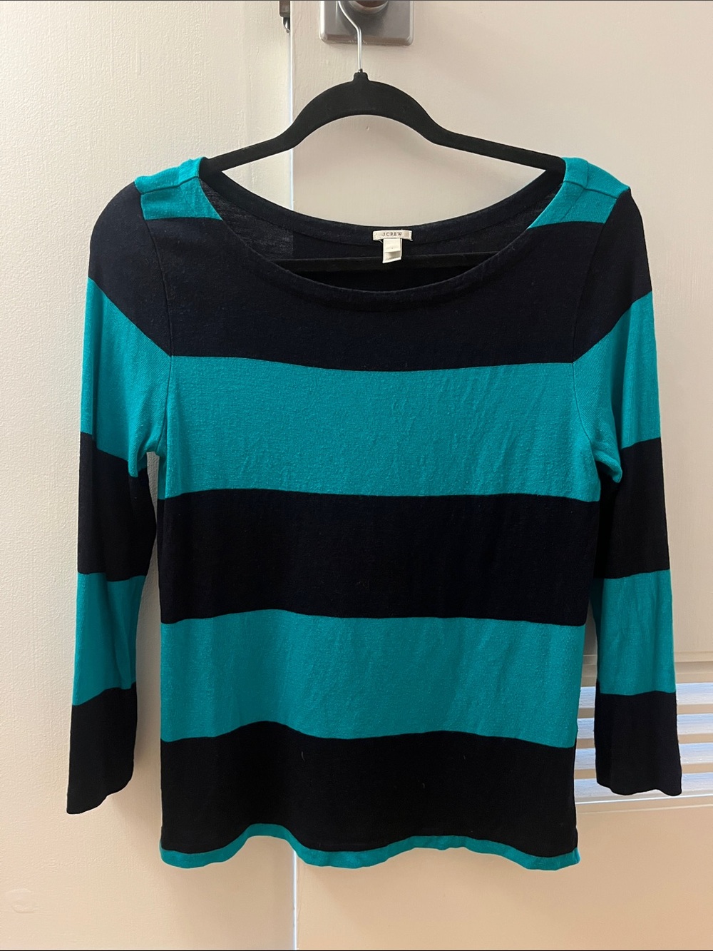 J. Crew Women's Teal and Navy Striped Boatneck Sweater